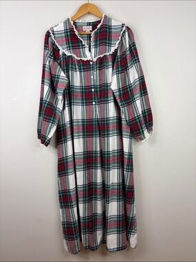Lanz of Salzburg Nightgown Women Large White Red Tartan Plaid Cotton Flannel